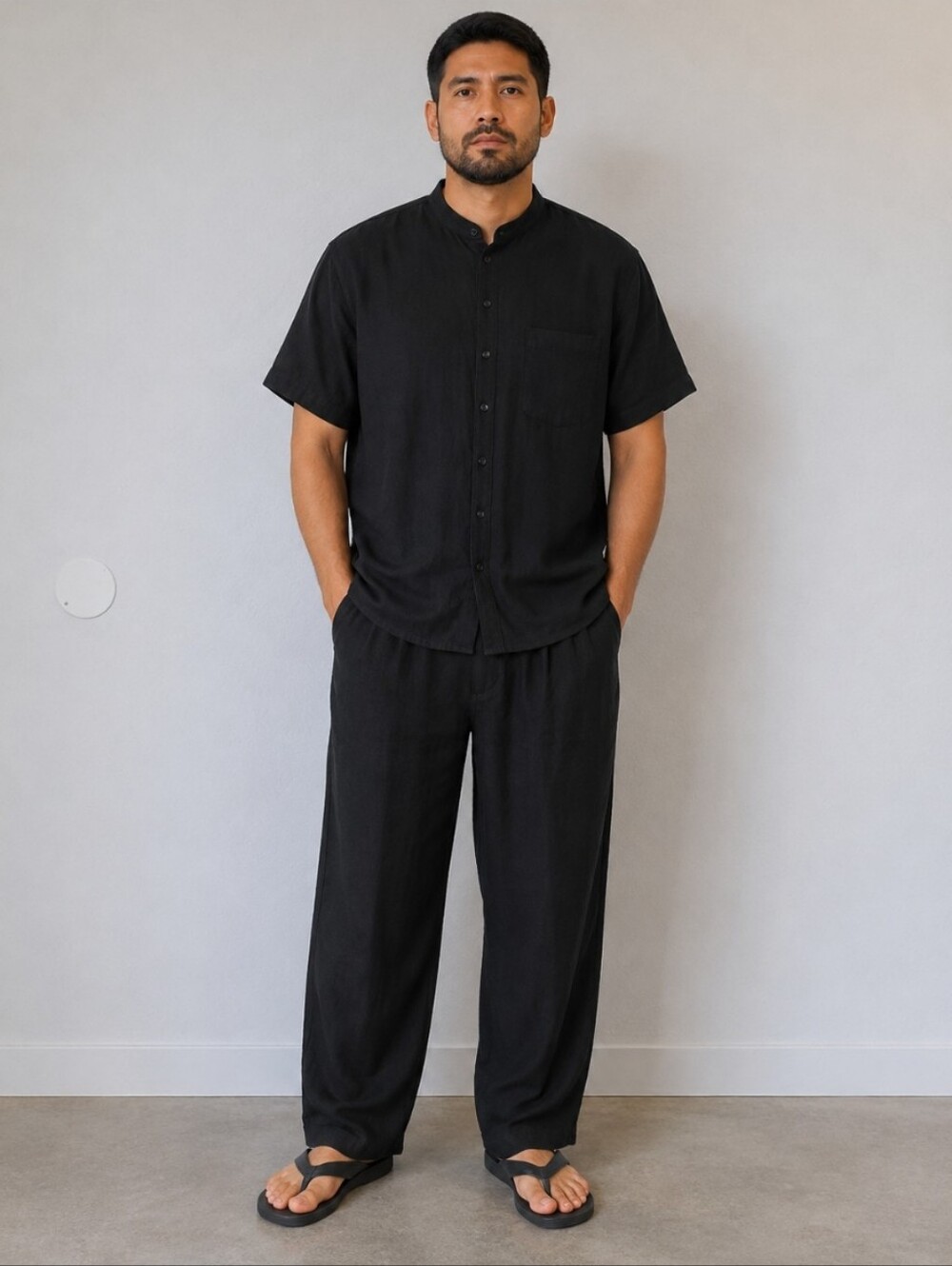 Black Short Sleeve Button Shirt and Pants Set Pockets Light Airy Medium